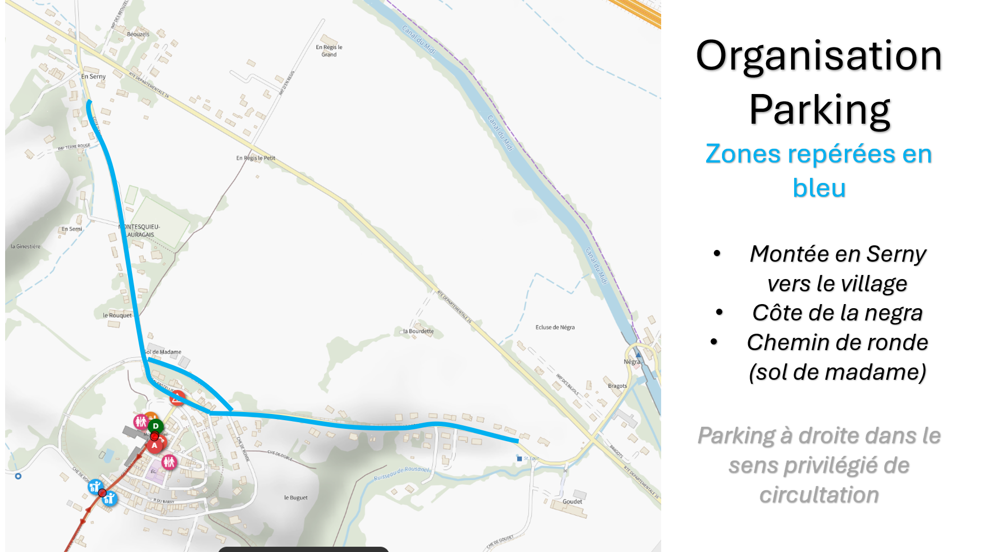 Plan des stationnements : montée en Serny, côte de la Négra et chemin de ronde, à Montesquieu-Lauragais